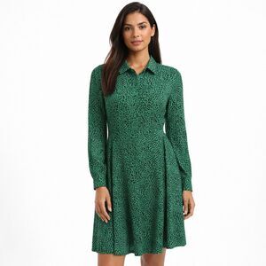 Nanette Lepore Dress Womens 6 Green Leopard Print Long Sleeve Shirt Fit Flare